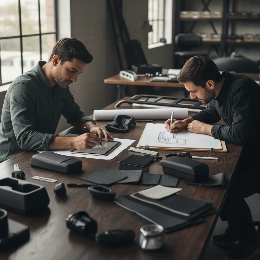 Designers sketching automotive accessory prototypes